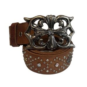 Miss Me Brown Leather Belt with Silver Tone / Rhinestone Buckle